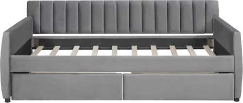 Vista 4 de SOFTSEA Sofá cama doble tapizado con cajones, sofá cama de terciopelo con listones de madera, soporte para dormitorio, sala de estar, no necesita