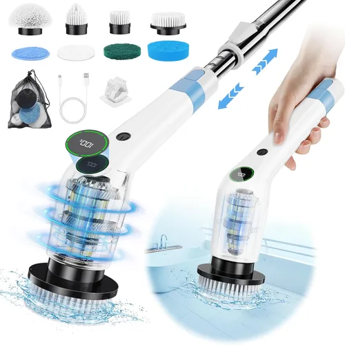 Vista 8 de PUFTEM Cepillo Eléctrico Giratorio, Limpiador de Ducha Inalámbrico con 8 Cepillos de Fregar, 2 Velocidades con Mango de Extensión Ajustable