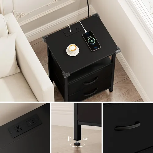 Vista 6 de Vagusicc Nightstand with Charging Station, End Table Bedside Table with 2 Fabric Drawers, Black Night Stand with USB Ports & Outlets, 24.2" Tall Bed