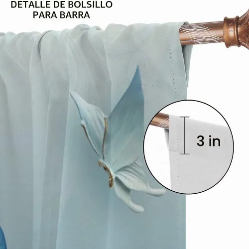 Vista 6 de Cortinas opacas de pavo real, hermoso patrón de estampado de flores de pavo real azul, estampado de mariposas y pavo real, juego de 2 paneles