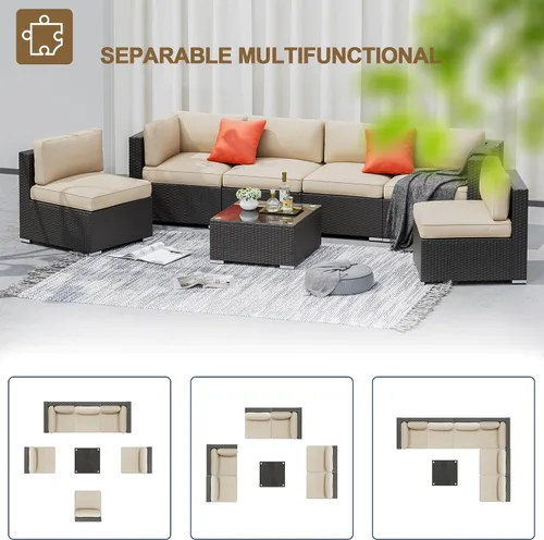 Vista 5 de Betterland Juego de muebles de patio de sofá seccional de 7 piezas, para todo tipo de clima, mimbre de ratán de polietileno con cojín lavable, mesa