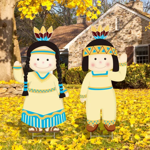 Vista 6 de Letreros de Acción de Gracias para patio de niños y niñas nativos americanos, estacas de césped para otoño, resistentes a la intemperie, decoración