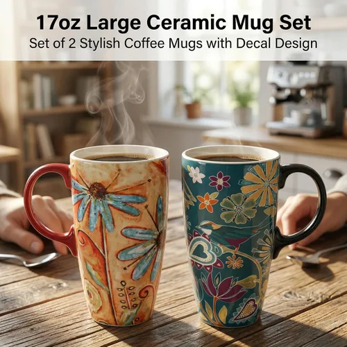 Vista 4 de Topadorn Taza de café de cerámica alta de viaje de 17 onzas con tapa sellada, juego de 2 Colorido diseño floral y de pájaros, apto para microondas