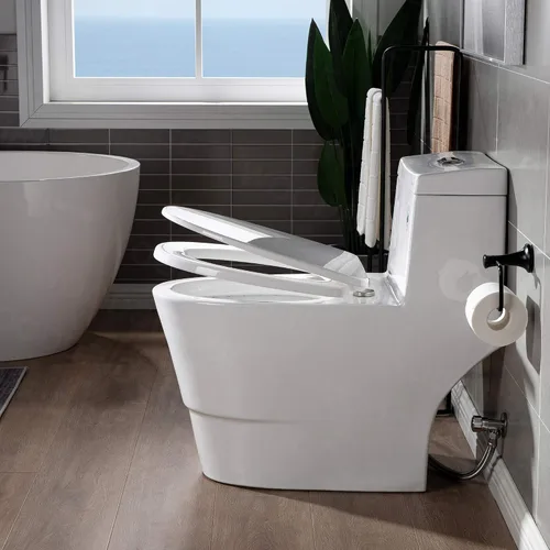 Vista 13 de WOODBRIDGE Un retrete de una pieza con asiento de cierre suave, altura de silla, 1.28 GPF doble, sensor de agua, puntuación de descarga MaP de 1000