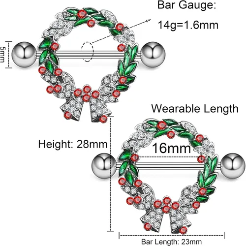 Vista 4 de KUNASSHIR Guirnalda de Navidad 14G, anillos para pezón, joyería de acero quirúrgico 316L, piercings de pezón, joyería de 0.63 pulgadas, Acero