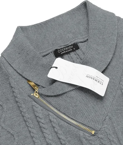 Vista 4 de COOFANDY Suéter de punto trenzado con cuello de chal para hombre, ajuste delgado, casual, con cremallera