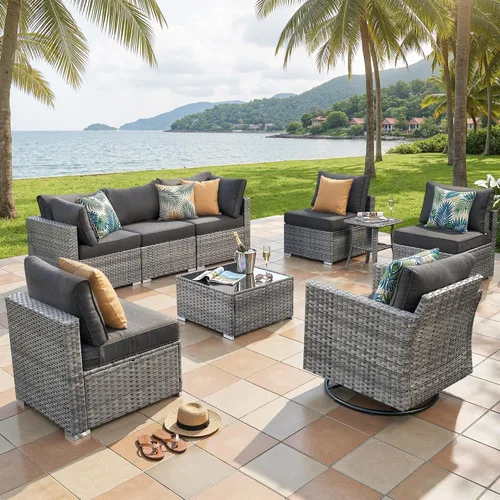 Vista 50 de ovios Juego de muebles de patio al aire libre de 5 piezas con mesa de café, conjunto seccional de muebles de patio con sofá de mimbre para todo tipo