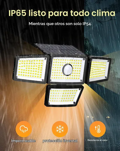 Vista 4 de Lámpara solar con sensor de 4 cabezales, sensor de movimiento para exteriores, 3000 lm, 283 LED, 6500 K, sensor de movimiento, IP65 impermeable