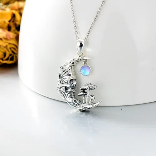 Vista 2 de SLIACETE Skull Pendant Necklace 925 Sterling Silver with BirthstonesSynthetic Moonstone100 Languages Stone Gothic Jewelry Halloween Gifts for Women