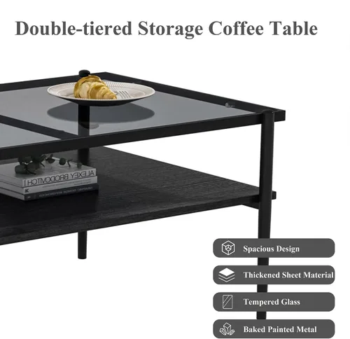 Vista 4 de Mesa de centro moderna rectangular con tapa de vidrio templado con estante de madera para el hogar, sala de estar, oficina, tienda o dormitorio