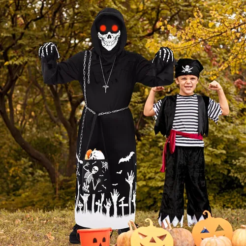 Vista 9 de Invoibler Disfraz de parca de Halloween para niños, bata que brilla en la oscuridad, disfraces aterradores con guadaña que brillan en los ojos rojos