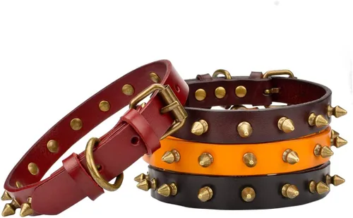 Vista 3 de Collar de cuero vacuno genuino ajustable para gatos y cachorros de perro, A-ROJO