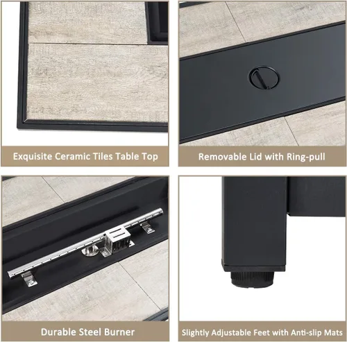 Vista 4 de Tangkula Juego de muebles de patio de 7 piezas con mesa para fogata, incluye mesa rectangular de propano de 42 pulgadas y 60,000 BTU y funda