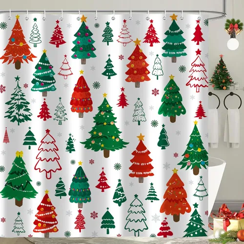 Vista 14 de Cortina de ducha de Feliz Navidad, trineo de Papá Noel, reno, copo de nieve, vacaciones, cuadros rojos y verdes, juego de cortinas de ducha