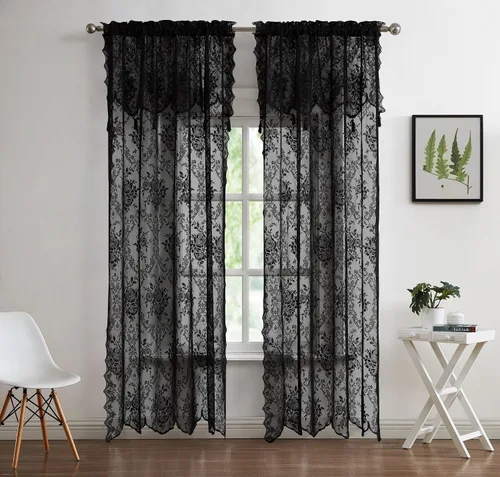 Vista 3 de LinenZone Cenefa de encaje transparente con 6 borlas y parte inferior festoneada para cocina, baño, comedor, sala de estar, dormitorio o sótano.