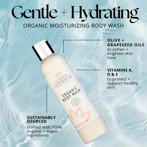 Vista 3 de GLIMMER GODDESS Gel de baño hidratante orgánico, orgánico, vegano, suave para el cabello facial y corporal, con manteca de karité y aceite de coco