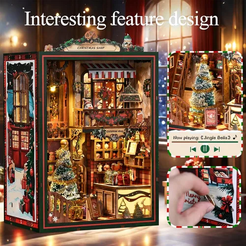 Vista 4 de Kit de rincón de libro de Navidad, casa de muñecas en miniatura 3D, rompecabezas de madera con caja de música, luz LED, regalos de Navidad