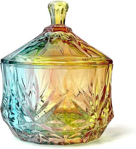 Vista 7 de Tarro de almacenamiento de caramelos de vidrio de cristal colorido con relieve, lujoso recipiente para buffet de galletas con tapas, caja