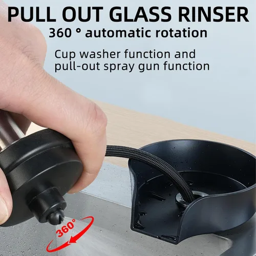 Vista 9 de Enjuagadora de vidrio para fregadero de cocina, enjuague de vidrio con rociador extraíble, grifo giratorio de alta presión de 360°, enjuague
