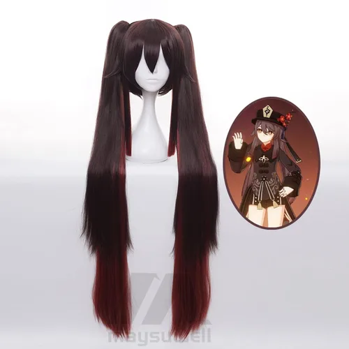 Vista 6 de Genshin Impact Hutao Peluca de pelo largo castaño degradado con gorra de peluca gratis para Comic Con, espectáculo de cosplay, Halloween
