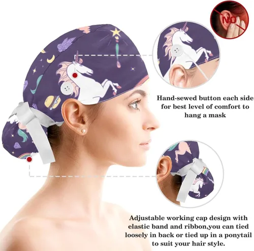 Vista 3 de Gorra de trabajo con banda para el sudor y botón, mito de unicornios arcoíris y nubes, gorras quirúrgicas ajustables para mujer