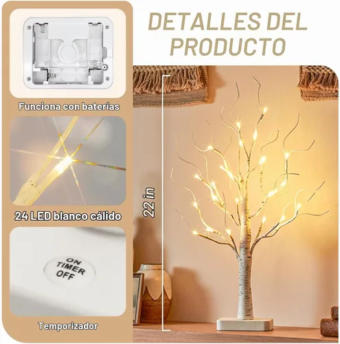 Vista 5 de EAMBRITE Árbol de abedul con luces LED, decoraciones de Navidad para el hogar interior con temporizador, mini lámpara artificial iluminada, árbol
