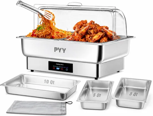 Vista 7 de Juego de buffet de platos de roce PYY con tapa enrollable, juego de 9 cuartos de galón de servidor de roce de acero inoxidable para catering, chafer