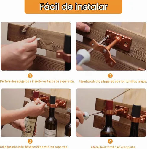 Vista 6 de Lily's Home Soporte de pared para botella de vino, diseño industrial con accesorios de montaje, funciona con botellas de vino o licor, acabado