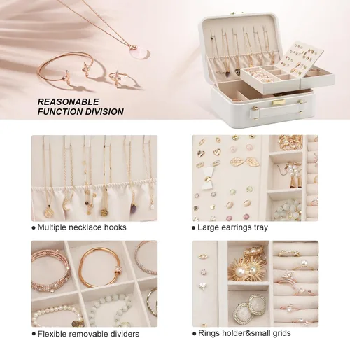Vista 4 de V-LAFUY Joyero blanco, organizador de joyas de viaje grande, organizador de joyas de 2 capas, organizador de joyas de viaje para mujeres, estuche