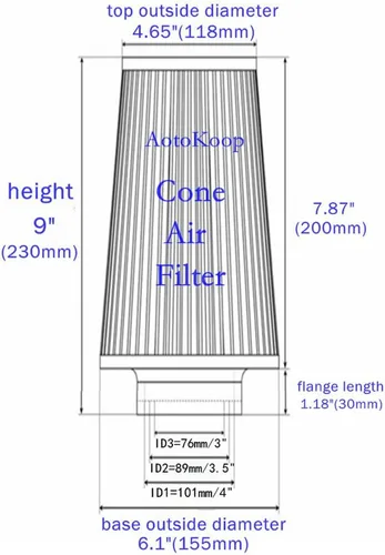 Vista 2 de 3 3.5 4 Pulgadas Filtro de Aire de Entrada Cónico, 76mm 89mm 101mm Filtro de Admisión de Aire Frío de Alto Rendimiento, Altura 9 Pulgadas (230mm)