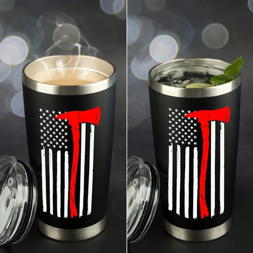 Vista 7 de Regalos de bomberos para hombres, vaso de viaje de acero inoxidable con tapa para taza de café, diseño de bandera de línea roja fina para bombero
