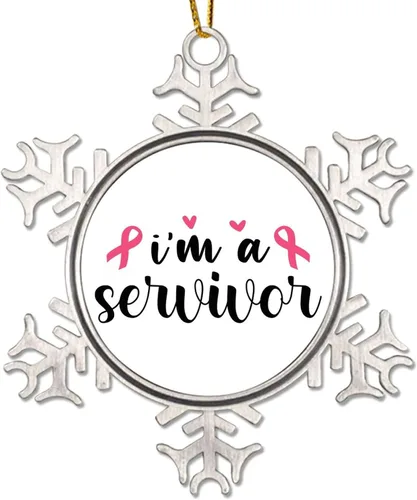 Vista 11 de Adorno colgante de Navidad Stronger Than Cancer Brest Cancer Awareness Metal Copo de nieve Adornos de Navidad Recuerdo Rosa Sobreviviente de Cáncer