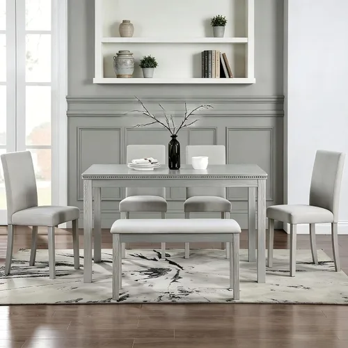 Vista 8 de LUMISOL - Juego de mesa de comedor de madera maciza con 4 sillas tapizadas y banco para cocina, comedor, sala de estar, gris plateado