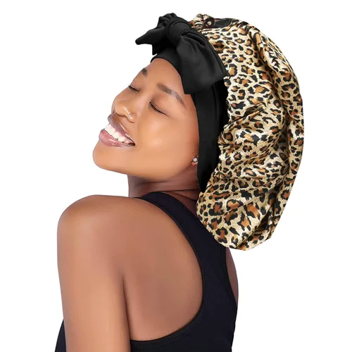 Vista 3 de Isshin Beauty Gorro de satén de seda para el cabello: gorro largo con banda elástica y correas ajustables, tamaño jumbo (leopardo)