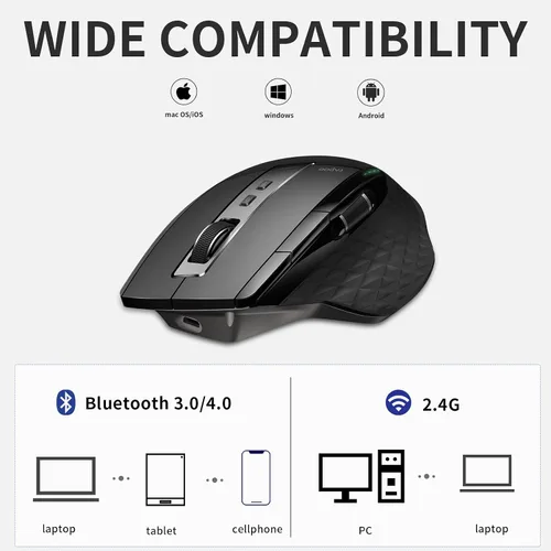 Vista 6 de RAPOO Combo de teclado inalámbrico y mouse láser, multidispositivo (Bluetooth 4.0+3.0+2.4G), teclado de computadora ultra delgado, diseño compacto