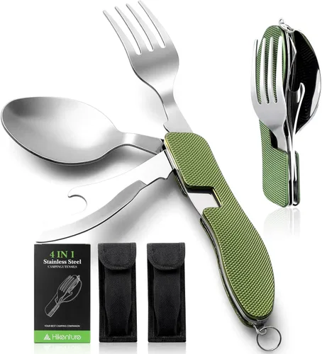 Vista 12 de HIKENTURE 4 en 1 Utensilios para Camping, Juego de Cubertería de Acero Inoxidable con Cuchara, Tenedor, Cuchillo y Abrebotellas, Cubiertos