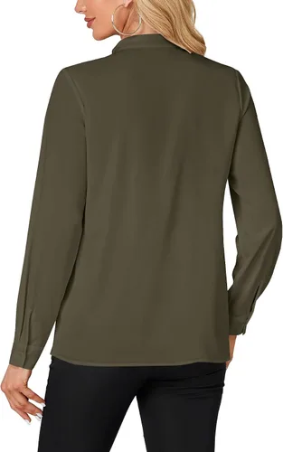 Vista 5 de LYANER - Blusa de cuello alto con botones, volantes en el frente, manga larga, camisa de trabajo para mujer