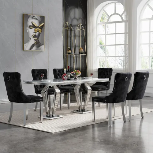 Vista 70 de HomVent - Juego de mesa de comedor de mármol sintético de 68 pulgadas con 4 sillas de terciopelo para cocina Modern Rectangular Faux Marble