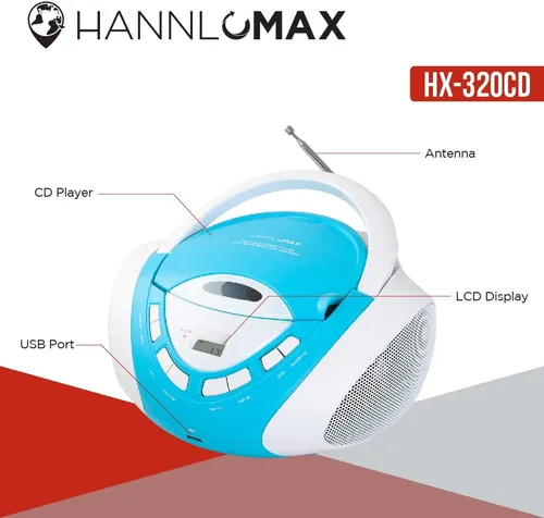 Vista 3 de HANNLOMAX HX-320CD CD/MP3 Boombox, radio AM/FM, puerto USB para reproducción de MP3, entrada auxiliar, pantalla LCD, fuente de alimentación dual