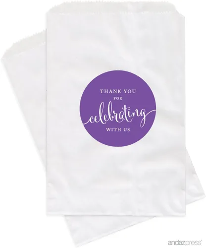Vista 3 de Andaz Press Bolsas de regalo personalizadas para mesa de postre, agradecimiento por celebrar con nosotros, aguamarina, paquete de 24, personalizadas