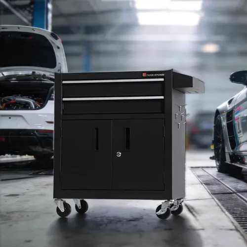 Vista 2 de Caja de herramientas resistente con carrito de acero rodante con puertas con cerradura (TZ12 Negro)
