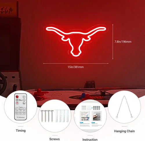 Vista 3 de Texas Bull - Letrero de neón para pared, atenuador remoto rojo del oeste de Texas Bull Skull LED de neón, lámpara de vaca toro alimentada por USB