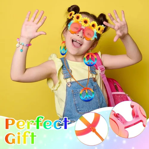 Vista 5 de Tondiamo 5 Pcs Kids Hippie Costume Accessories 60s 70s Toddler Girl Outfit Boho Peace Sign Daisy Flower for Halloween Cosplay