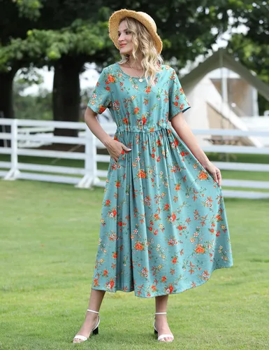 Vista 3 de YESNO - Vestidos casuales de verano para mujer, manga corta, floral, bohemio, largos, cinturón, para playa, E68
