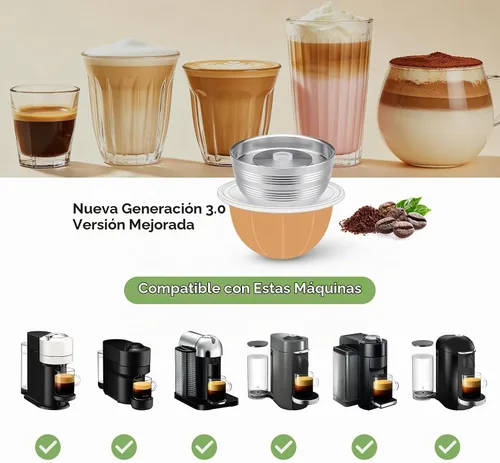 Vista 2 de Cápsulas Vertuo Reutilizables de Acero Inoxidable Compatibles con VERTUO NEXT+RECARGA+Alumin-VERTUO-Pods-80+150+230ml Cada 2 Piezas +Tamizador