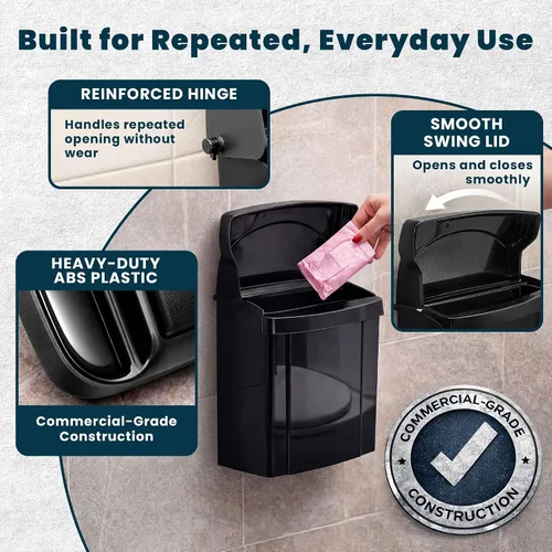 Vista 4 de Alpine - Recipiente para servilleta sanitaria, contenedor de eliminación de higiene femenina, cubo de basura montado en la pared con sello de Negro