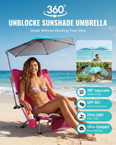 Vista 4 de KingCamp UPF 50+ Beach Chair Umbrella with Clamp Adjustable No-Block View CYAN