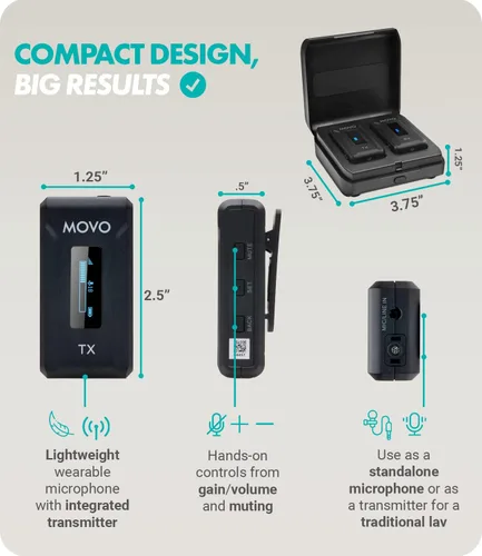 Vista 3 de Movo WMX-2 Micrófono inalámbrico para cámara con estuche de carga, micrófono Lavalier para cámaras DSLR, Vlogging, creación de contenido, cine