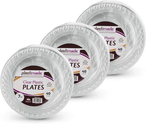 Vista 4 de Platos llanos de 9 pulgadas de plástico transparente, desechable, resistente, ideal para bodas, catering, fiestas, bufés, eventos o uso diario, 1