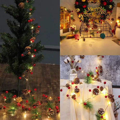 Vista 4 de Guirnalda de Navidad de 30 luces LED de 10 pies con luces, decoraciones de cono de pino para interior del hogar, chimenea, escalera